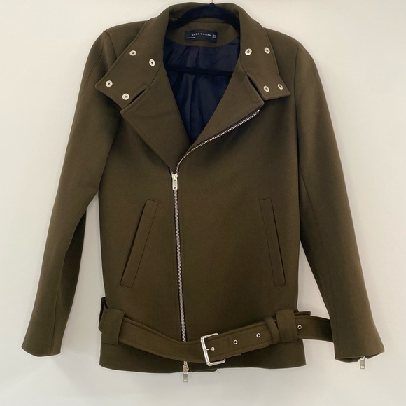 Zara Olive Green Moto Jacket with Belt Size XS - Picture 2 of 9